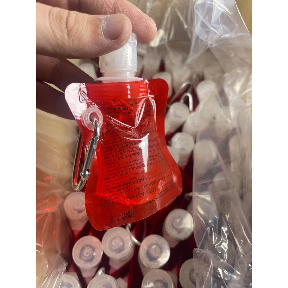 50 Pack Collapsible Hand‎ Sanitizer Red Pouches with Carabiner Clip 1oz 29.5mL